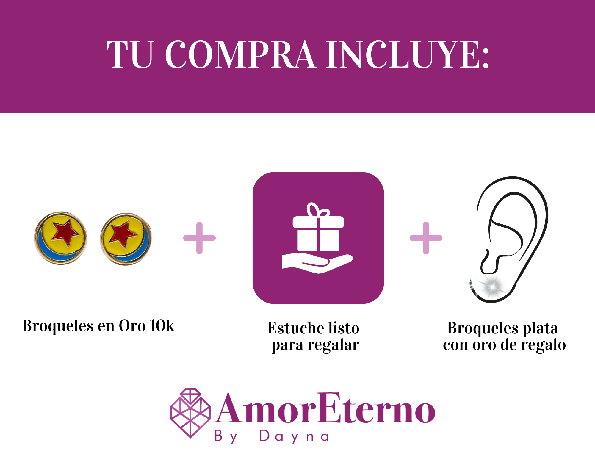 Amor Eterno - Broqueles Pelota Pixar / Aretes Oro 10k