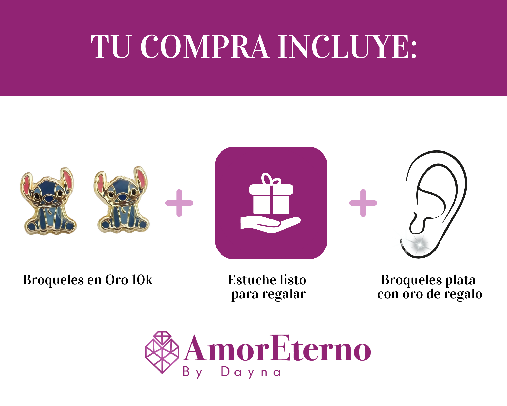 Amor Eterno - Broqueles Stich Sentado / Aretes Oro 10k