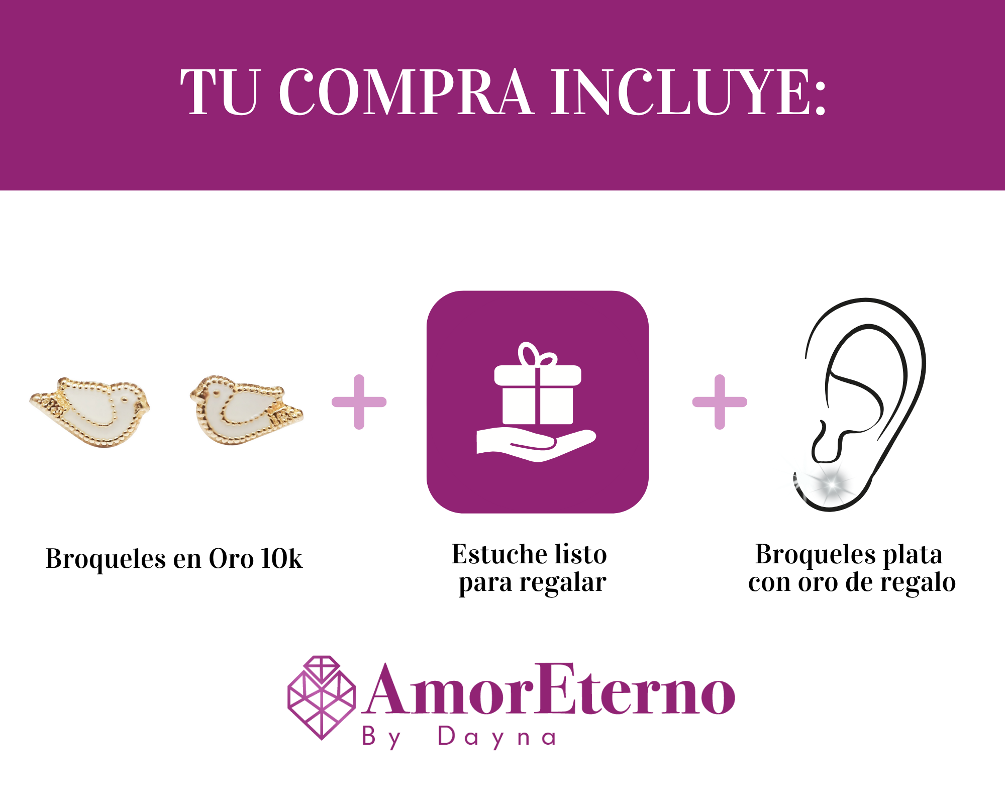 Amor Eterno - Broqueles Palomita Blanca / Aretes Oro 10k
