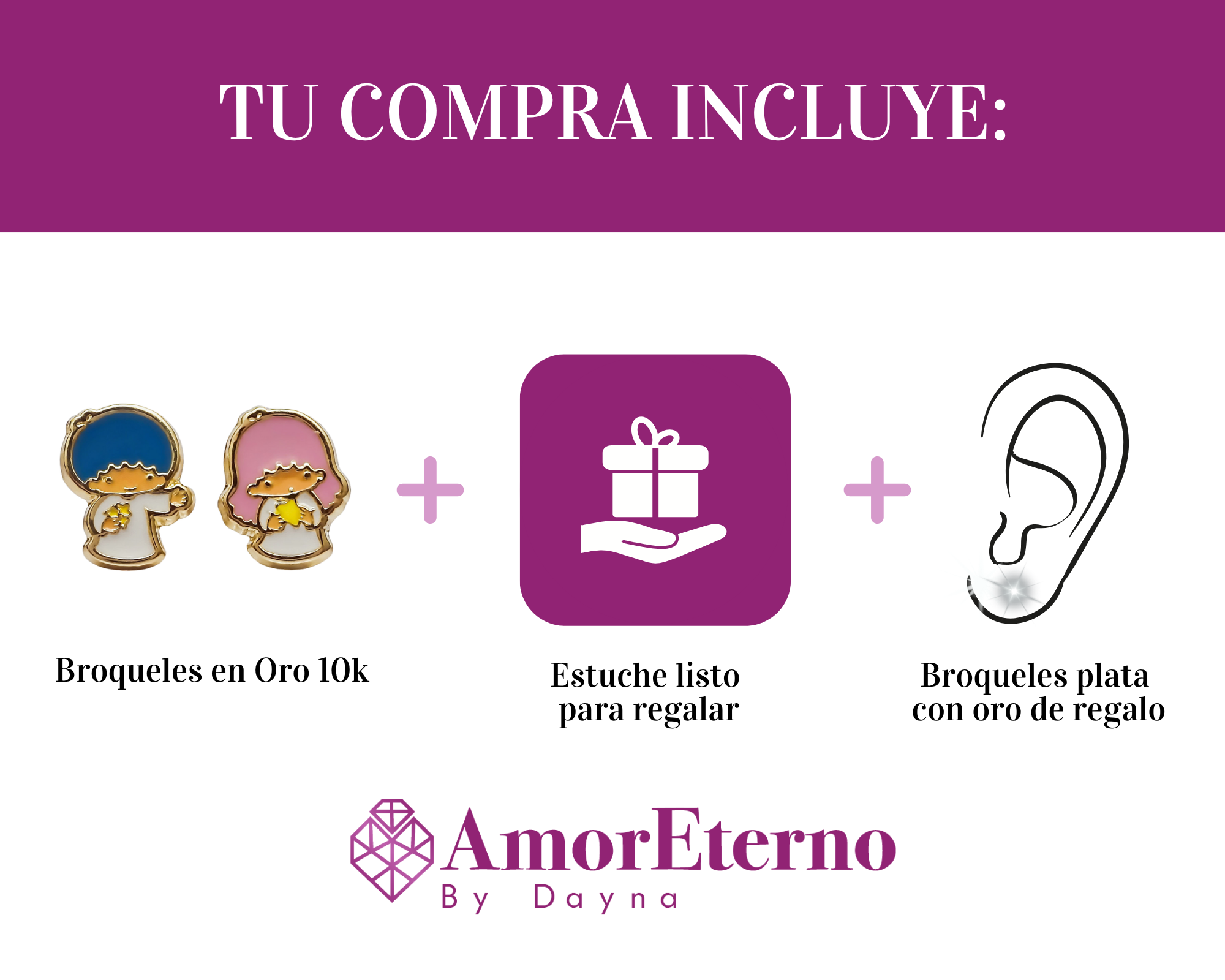 Amor Eterno - Broqueles Aretes / Little Twin Kitty / Oro 10k