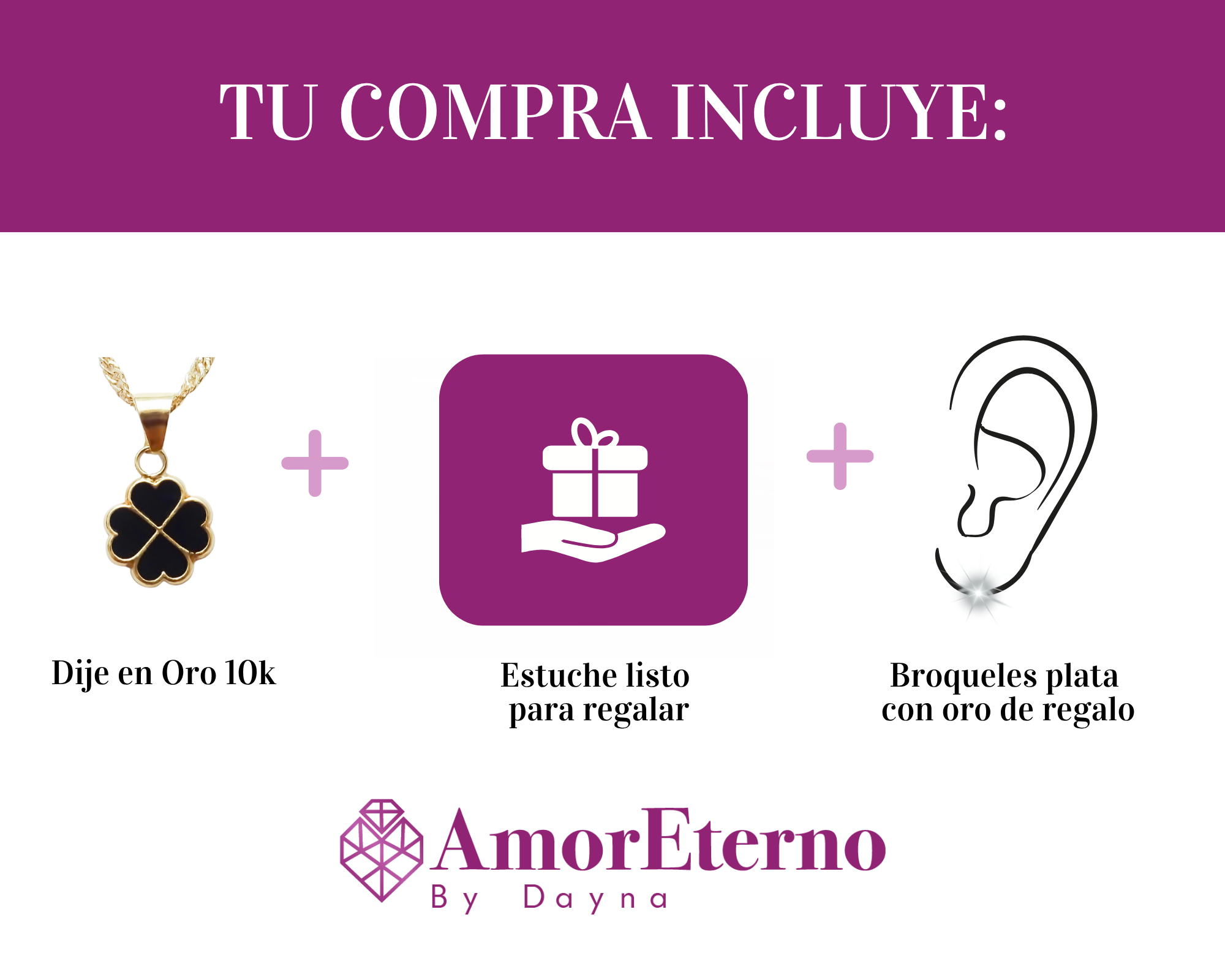 Amor Eterno - Dije Trébol 4 Hojas / Oro Sólido 10k