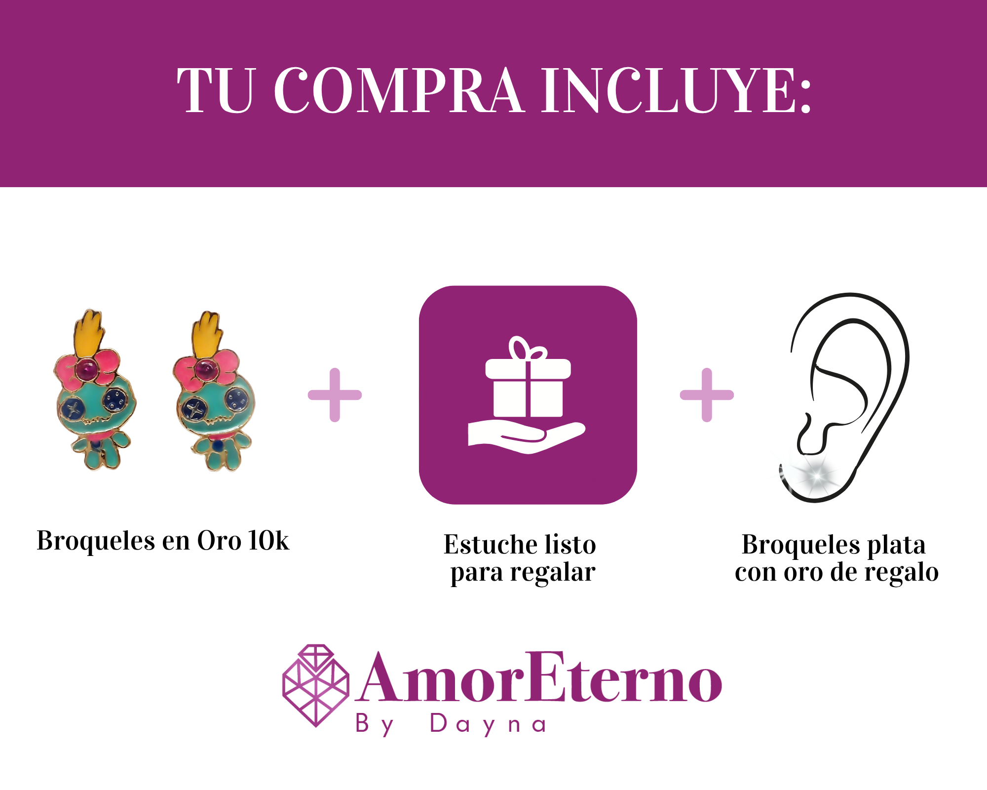 Amor Eterno - Broqueles Trapos Muñeca Scrump Lilo / Oro 10k