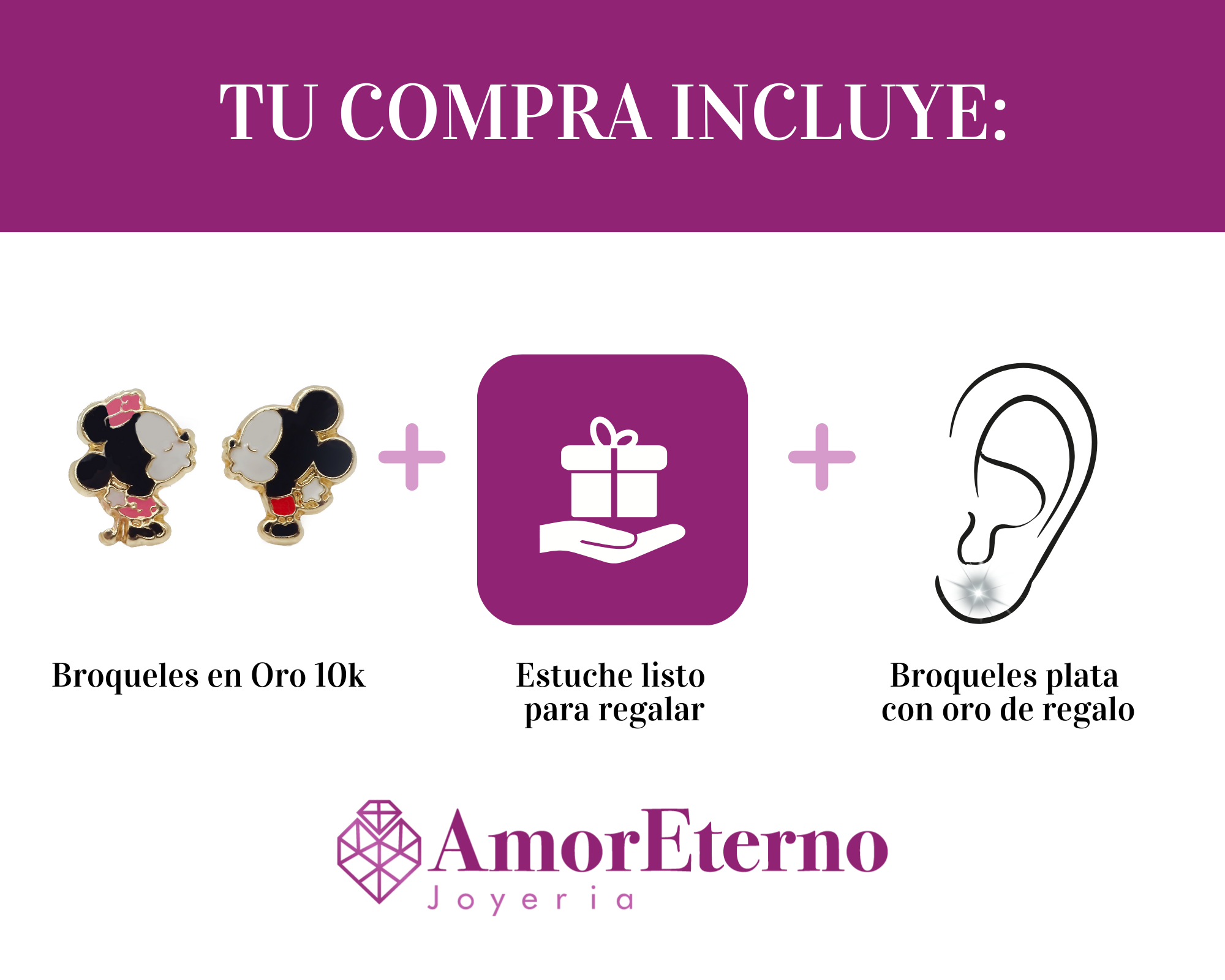 Amor Eterno - Broqueles Aretes Disney Beso Enamorado Oro 10k