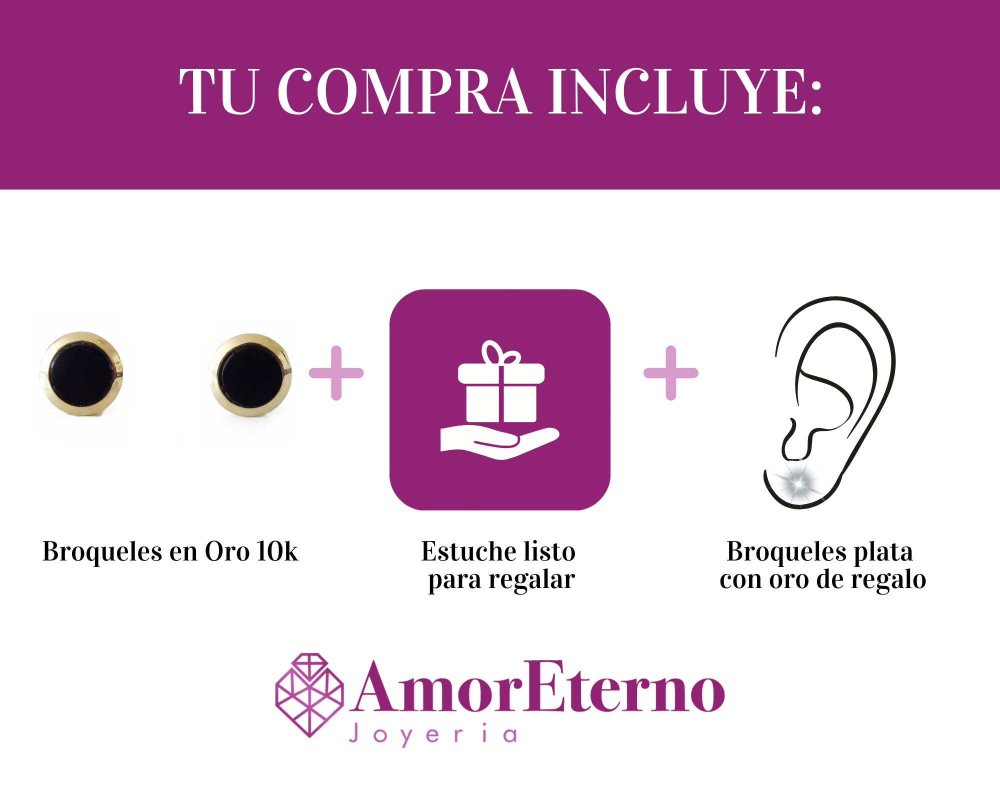 Amor Eterno - Aretes Broche Mariposa Círculo Onix / Oro 10k