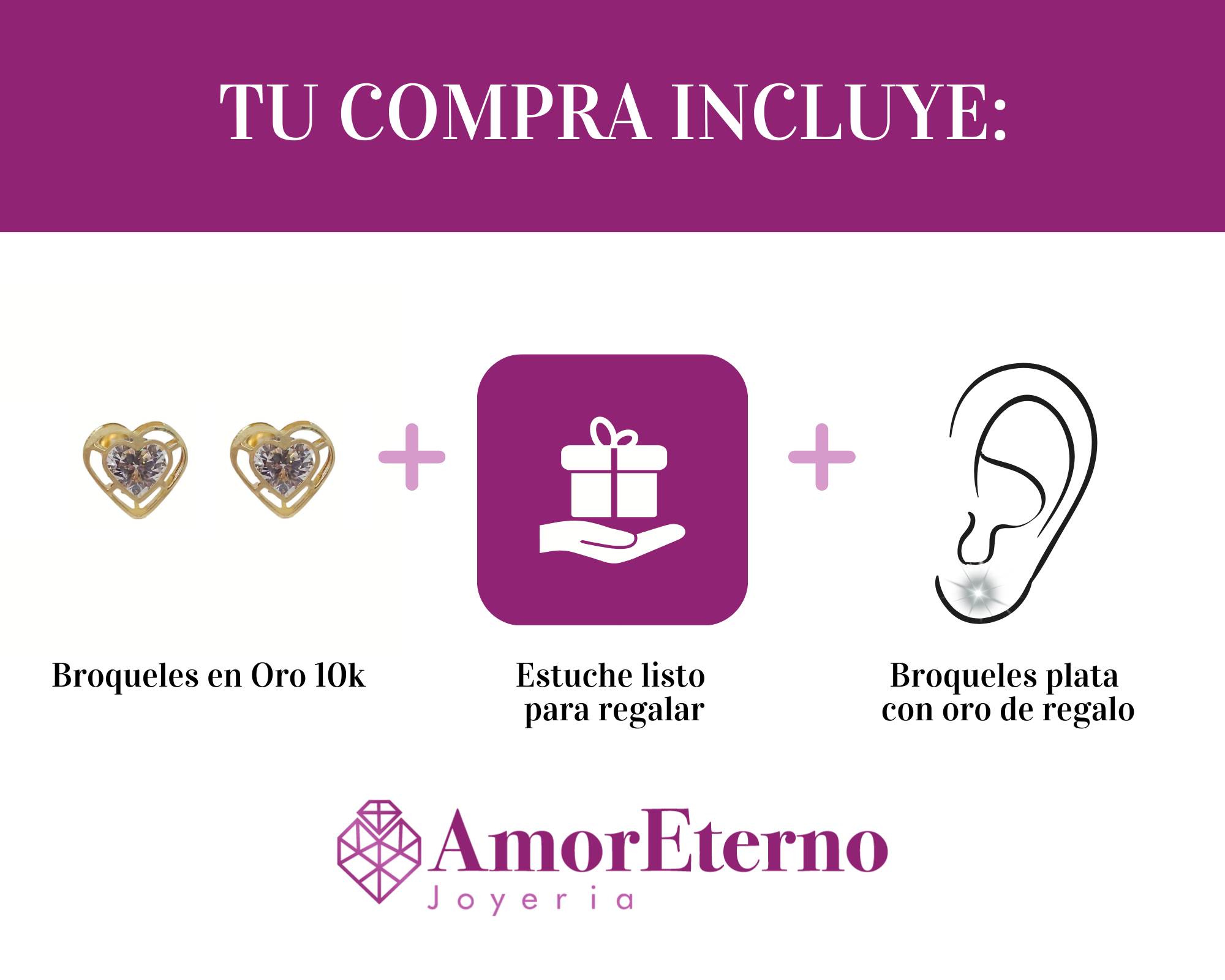 Amor Eterno - Broqueles Aretes / Corazón 3d Dama / Oro 10k