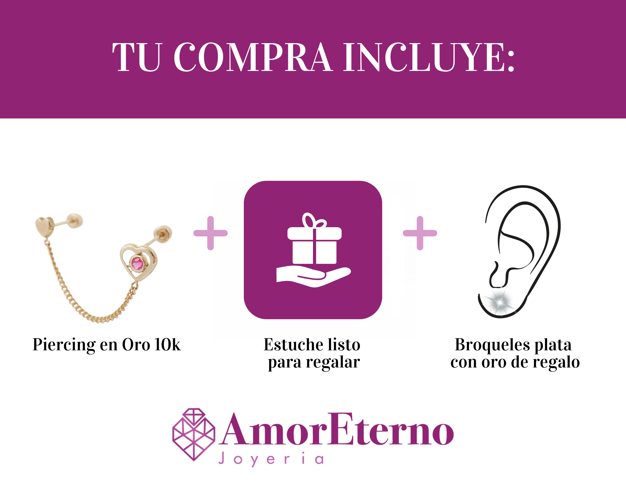 Amor Eterno - Piercing Arete Cadena Corazón Silueta Oro 10k
