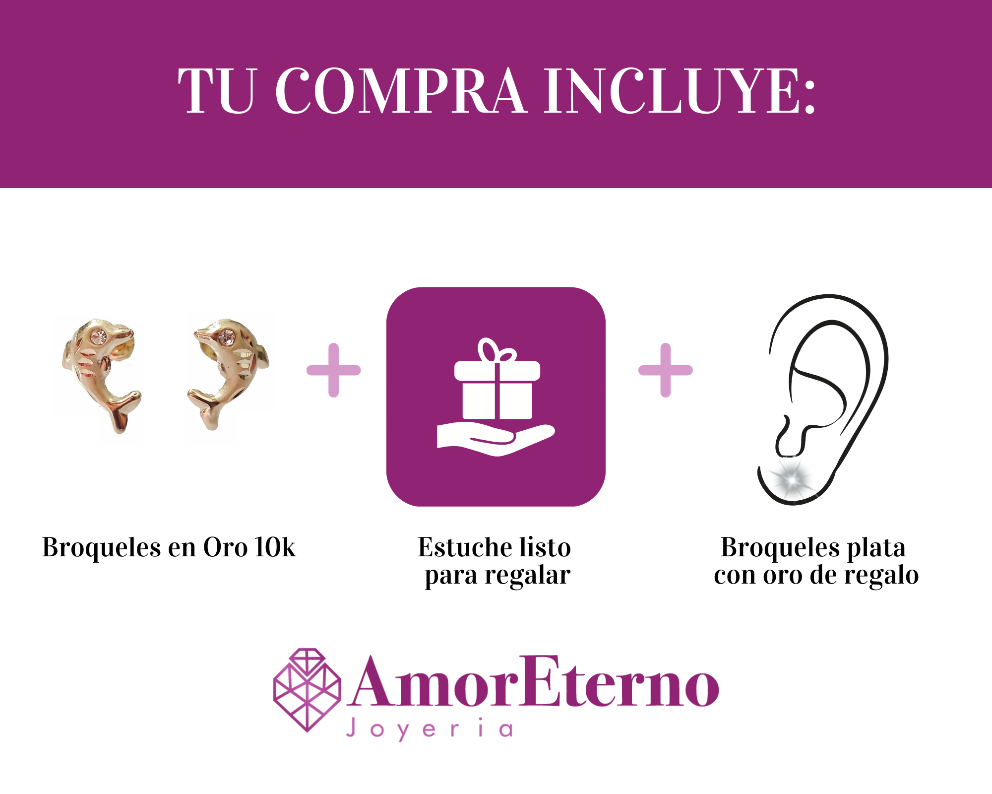 Amor Eterno - Broqueles Aretes Delfín Suerte / Oro 10k