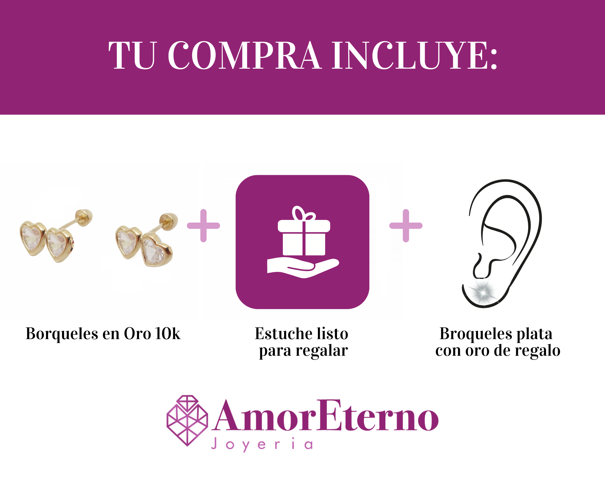 Amor Eterno - Broqueles / Tu Y Yo Bisel / Aretes Oro 10k / Transparente