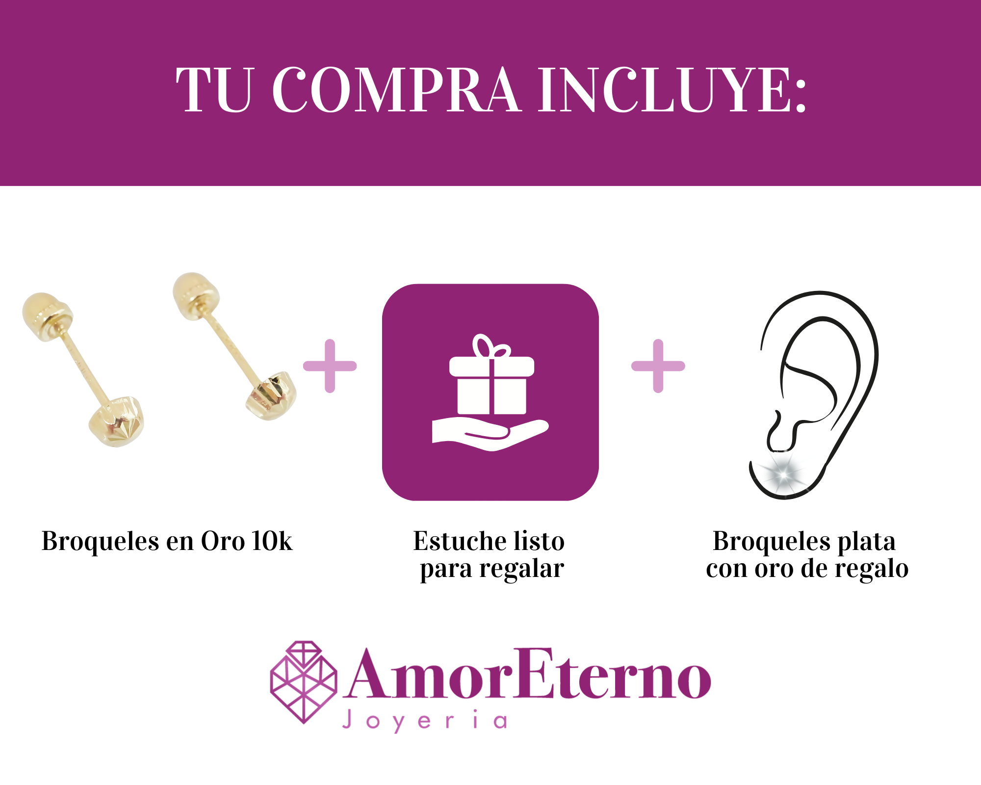 Amor Eterno - Broqueles Hongo Diamantado Bebé Aretes Oro 10k