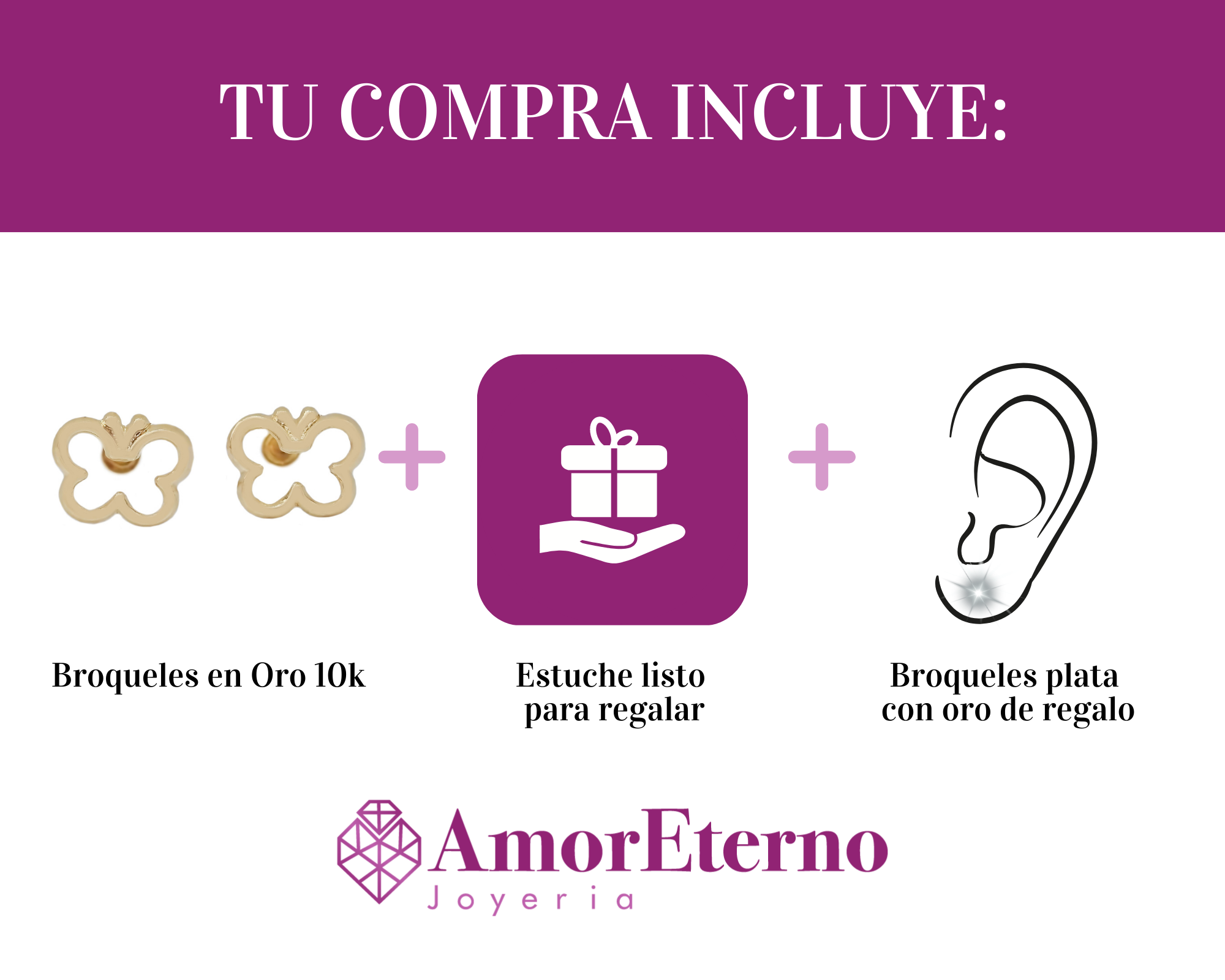 Amor Eterno - Broqueles / Mariposa Smile / Aretes Oro 10k
