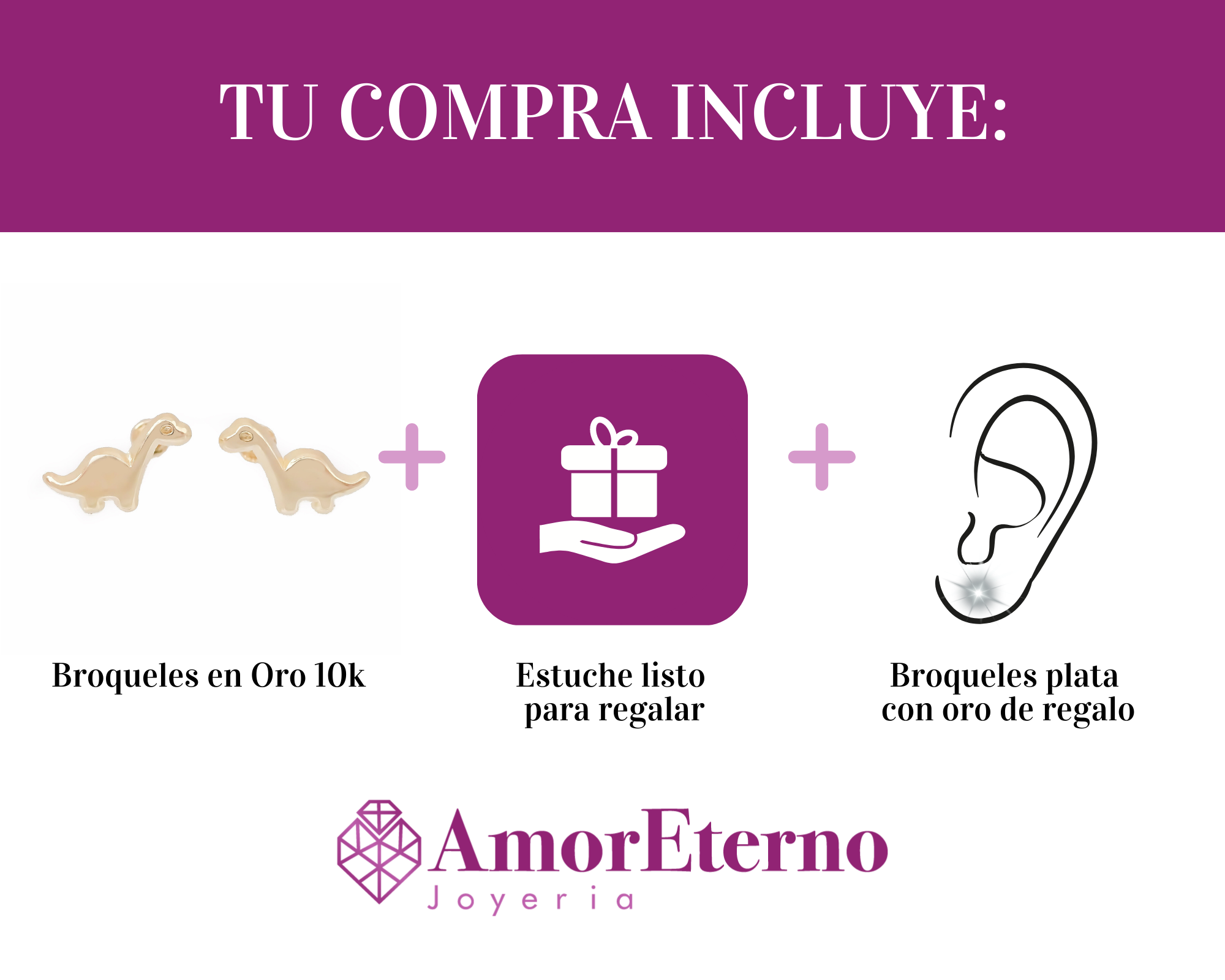 Amor Eterno - Broqueles Dinosaurio / Aretes / Oro Sólido 10k