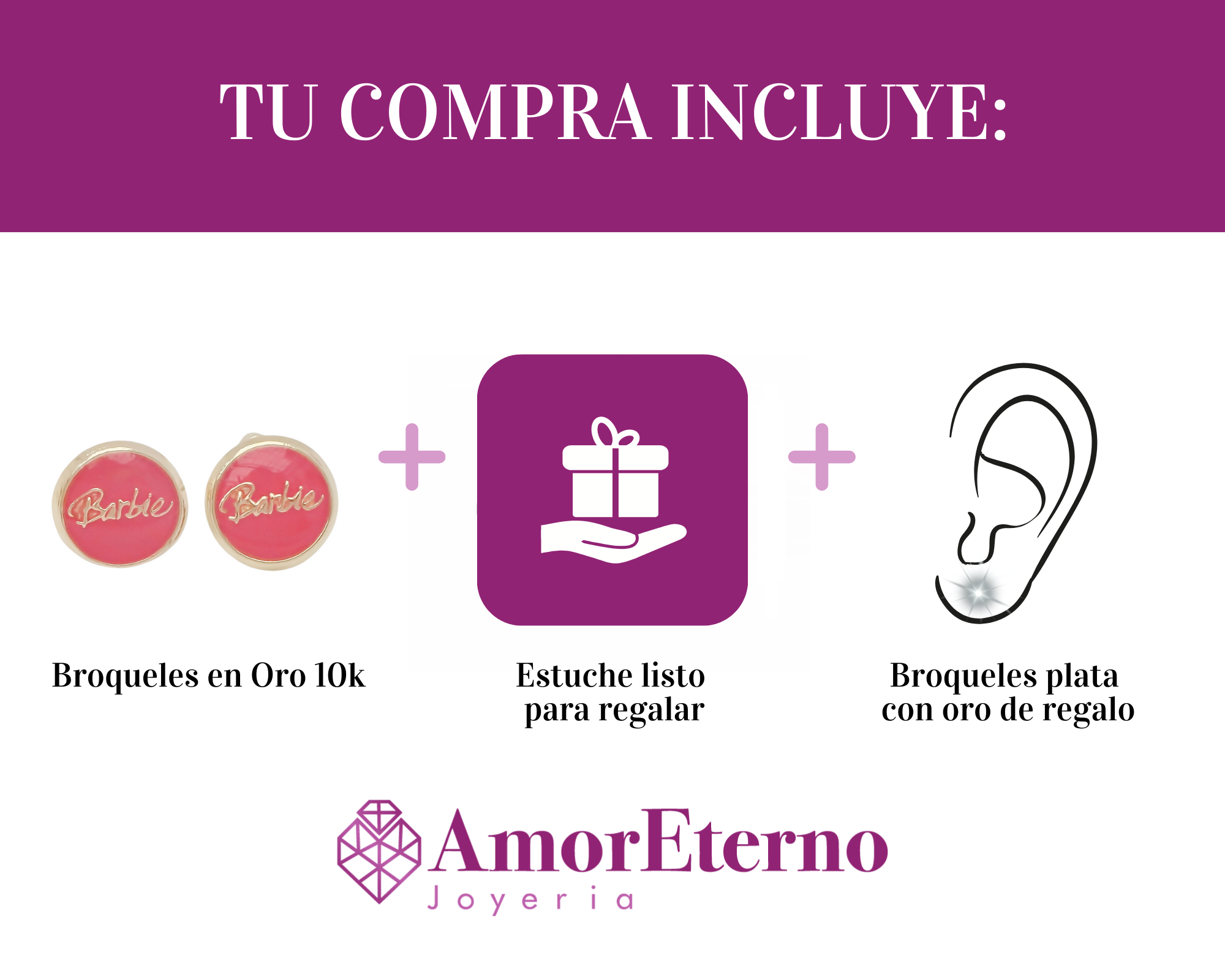 Amor Eterno - Broqueles / Botón Barbie / Aretes Oro 10k