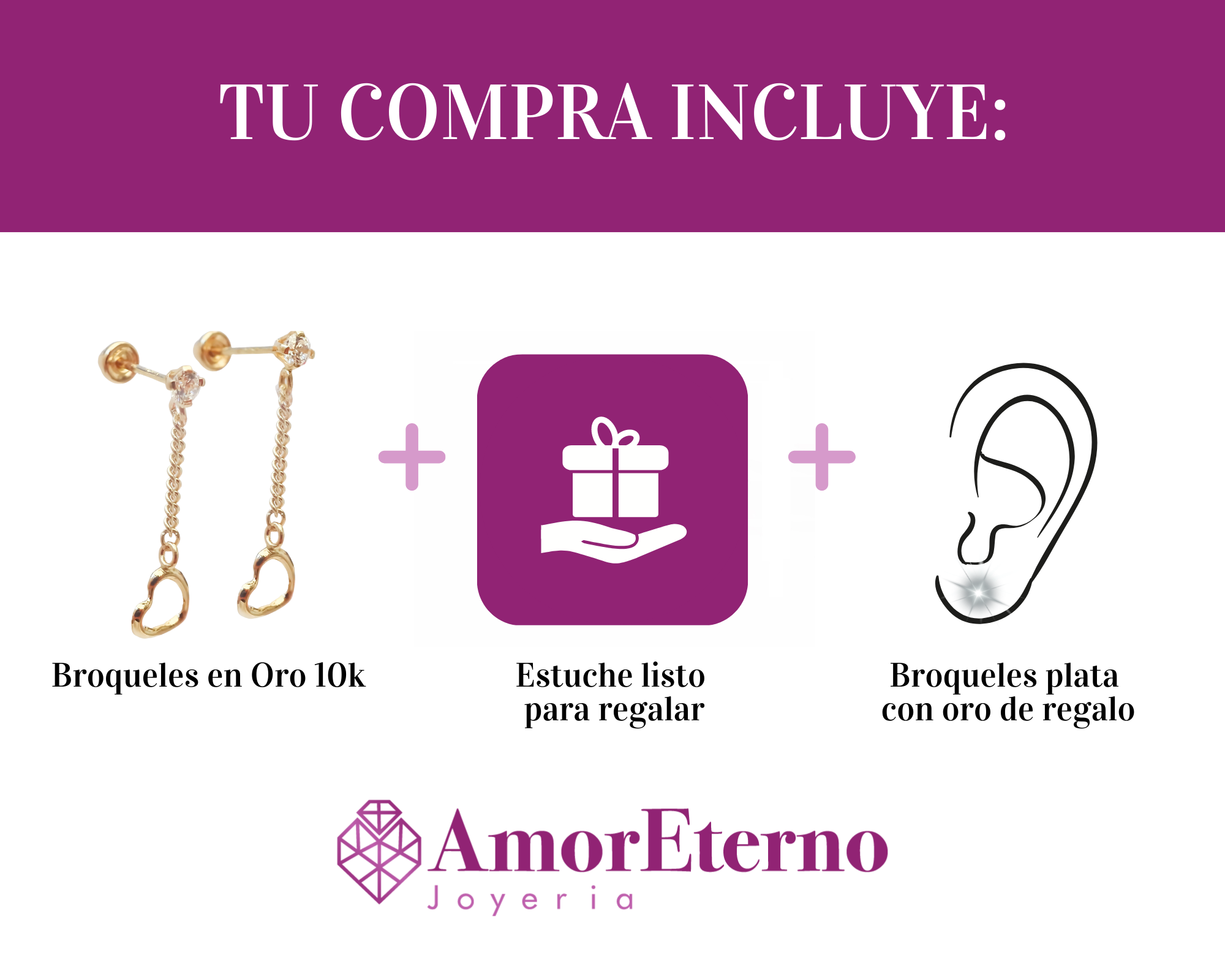 Amor Eterno - Broqueles Largos / Corazón Cadena Oro 10k