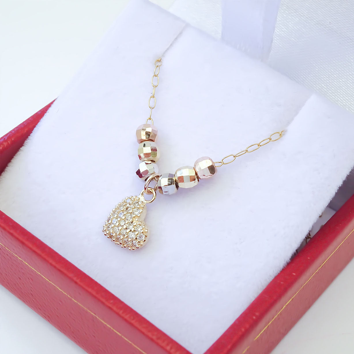 Amor Eterno - Gargantilla 45cm / Corazón 3 Oros Sólido 14k