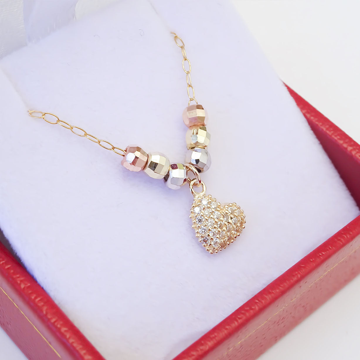 Amor Eterno - Gargantilla 45cm / Corazón 3 Oros Sólido 14k