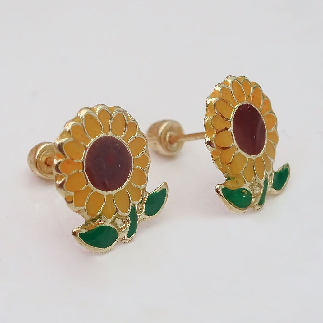 Amor Eterno - Broqueles Aretes / Girasol Esmaltado / Oro 10k