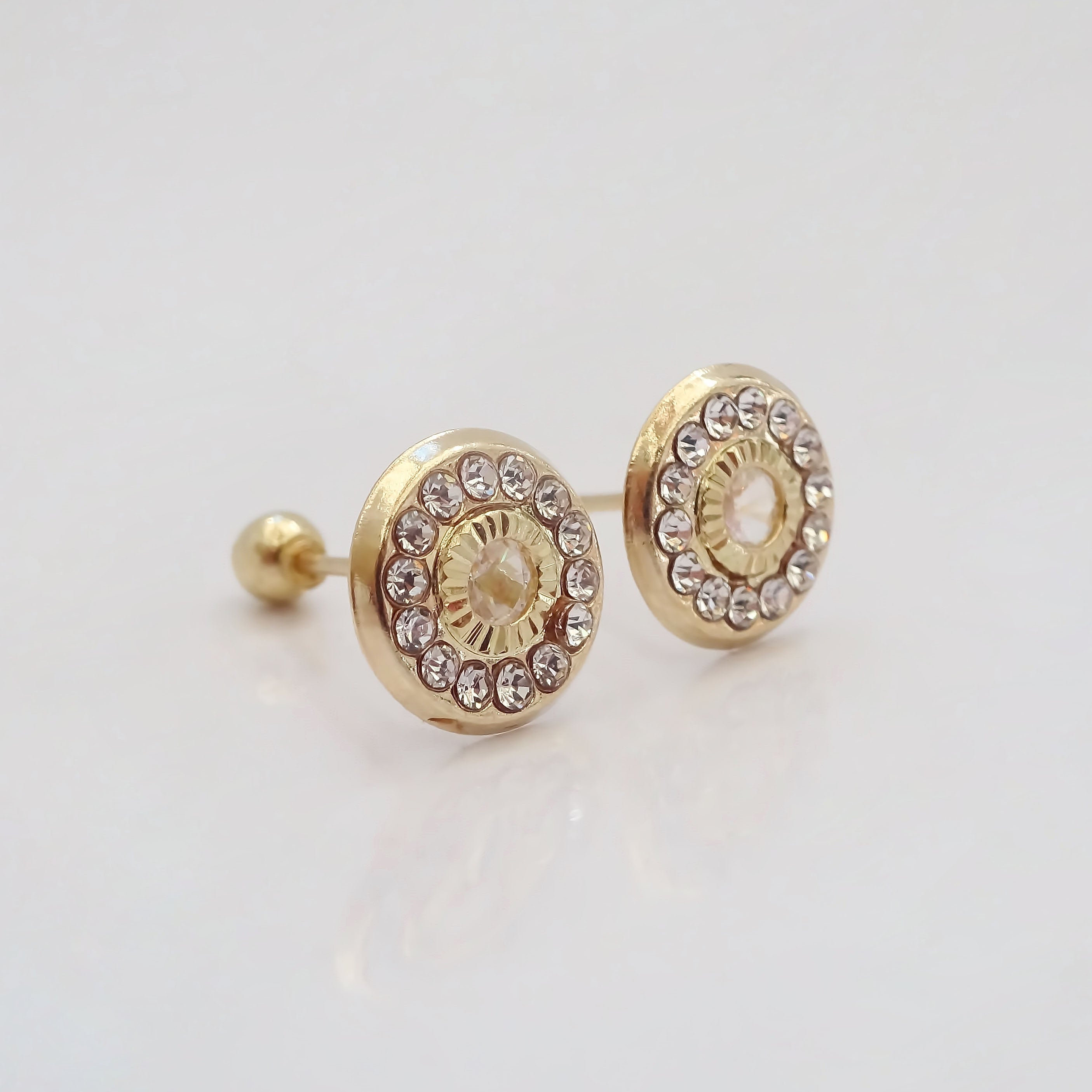Amor Eterno - Broqueles Bisel Con Aro / Aretes Oro 10k / Transparente