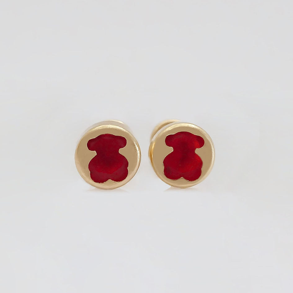 Amor Eterno - Broqueles Osito Tambor Chico / Aretes Oro 10k / Rojo