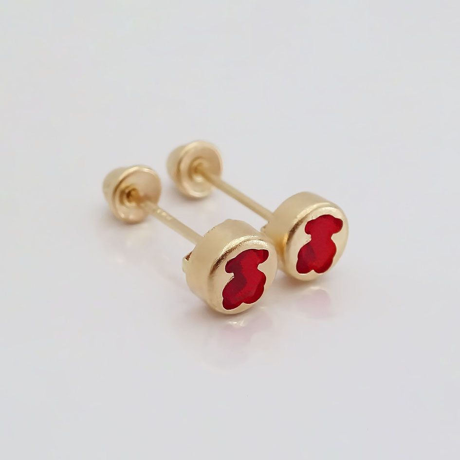 Amor Eterno - Broqueles Osito Tambor Mediano / Aretes Oro 10k / Rojo