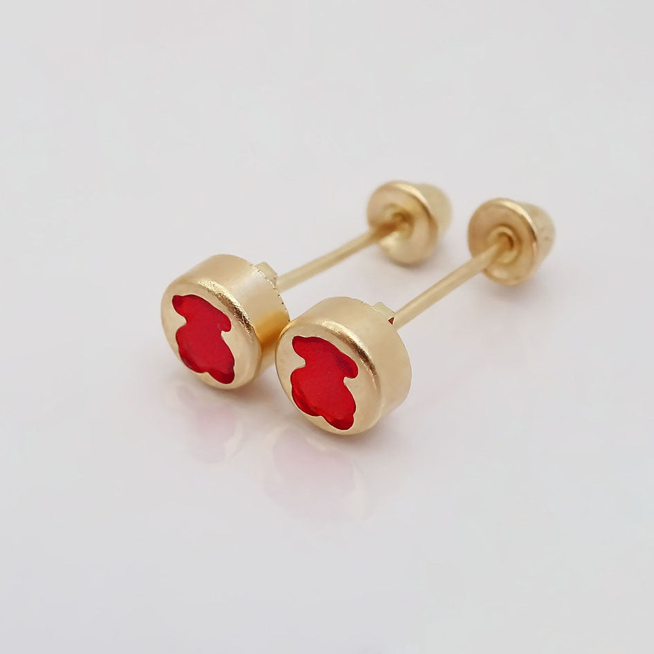 Amor Eterno - Broqueles Osito Tambor Mediano / Aretes Oro 10k / Rojo