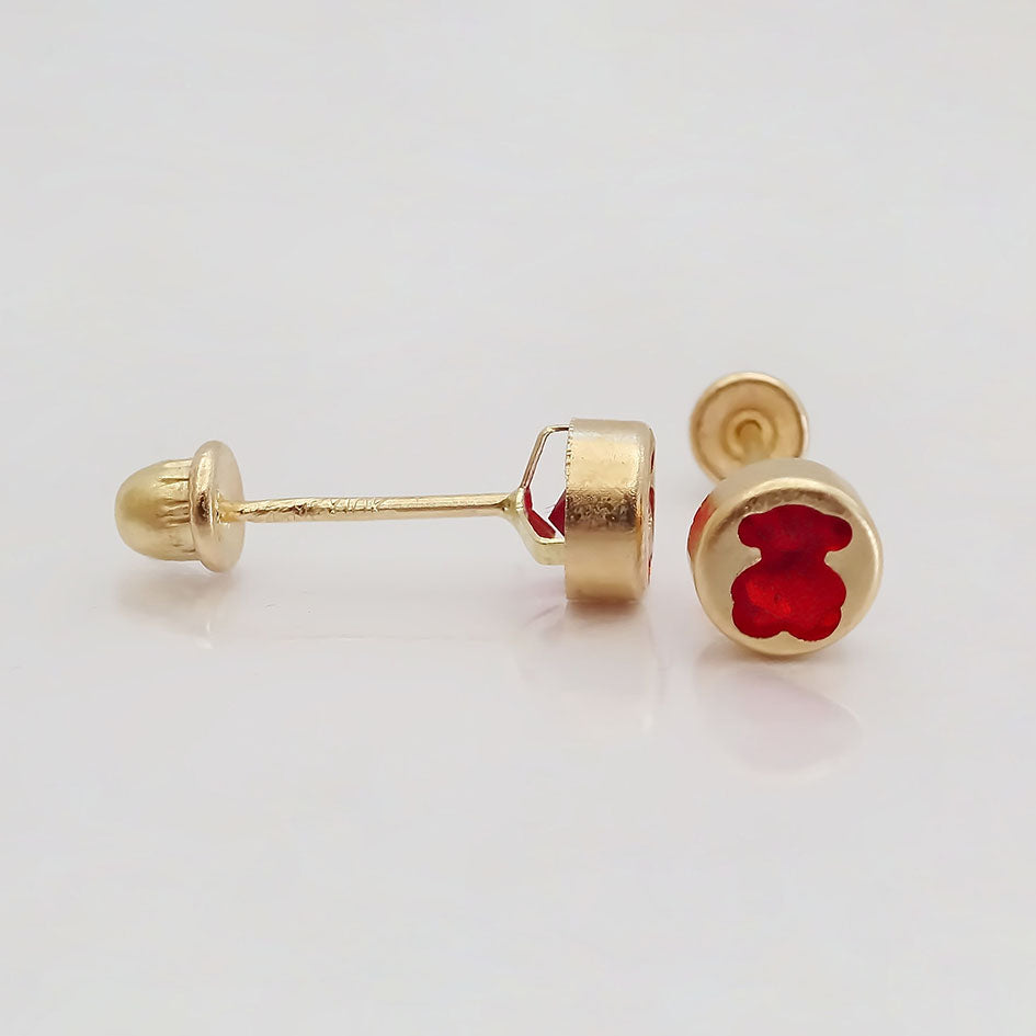 Amor Eterno - Broqueles Osito Tambor Mediano / Aretes Oro 10k / Rojo
