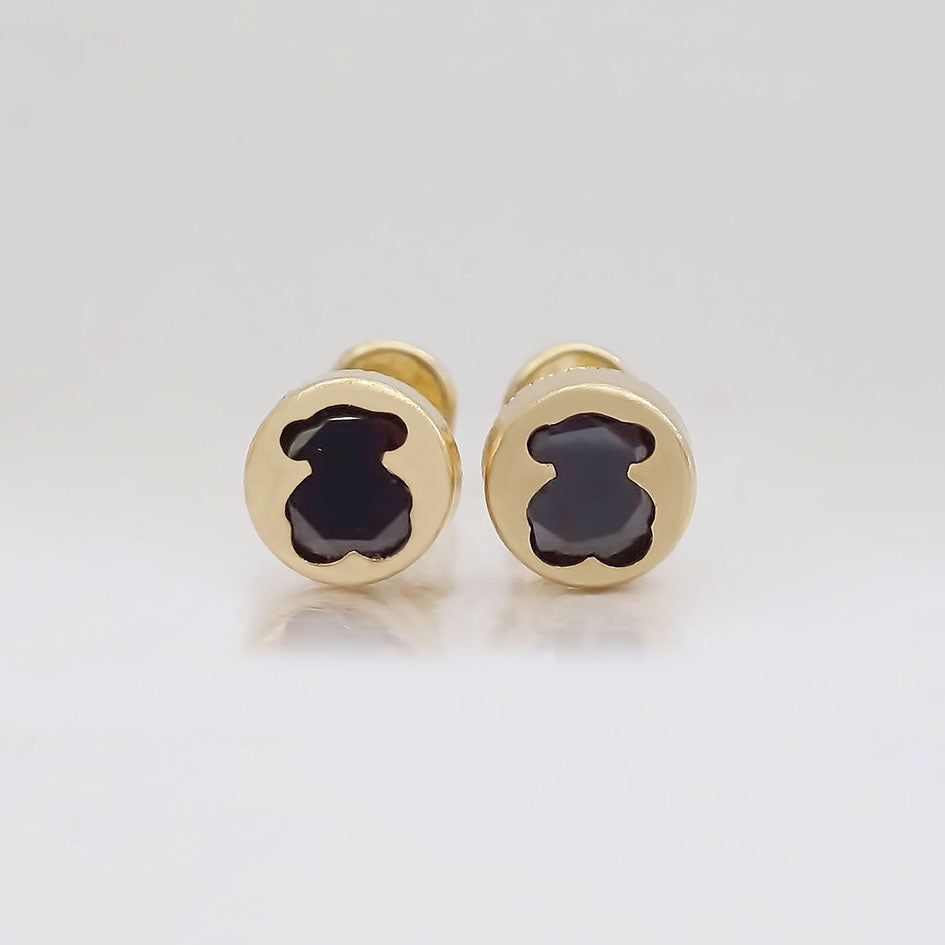 Amor Eterno - Broqueles Osito Tambor Mediano / Aretes Oro 10k / Negro
