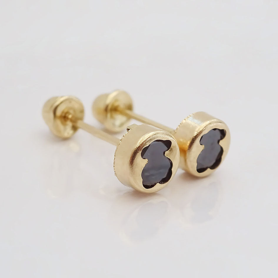 Amor Eterno - Broqueles Osito Tambor Mediano / Aretes Oro 10k / Negro