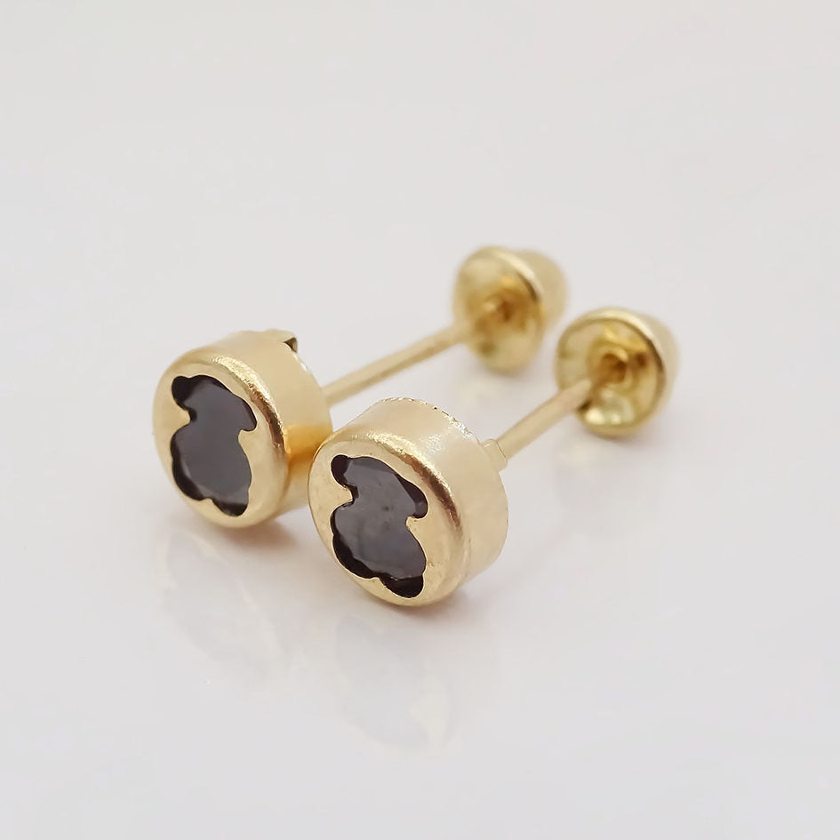 Amor Eterno - Broqueles Osito Tambor Mediano / Aretes Oro 10k / Negro