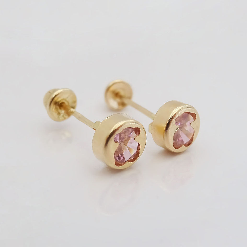 Amor Eterno - Broqueles Osito Tambor Mediano / Aretes Oro 10k / Rosa