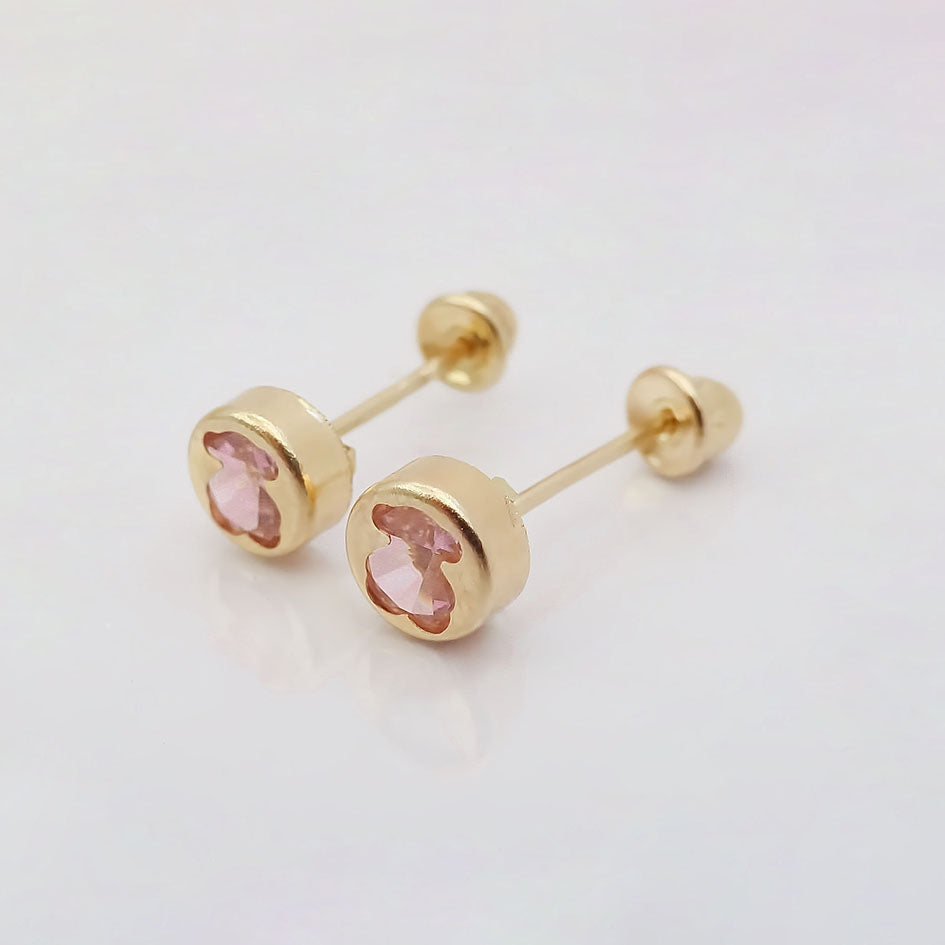 Amor Eterno - Broqueles Osito Tambor Mediano / Aretes Oro 10k / Rosa