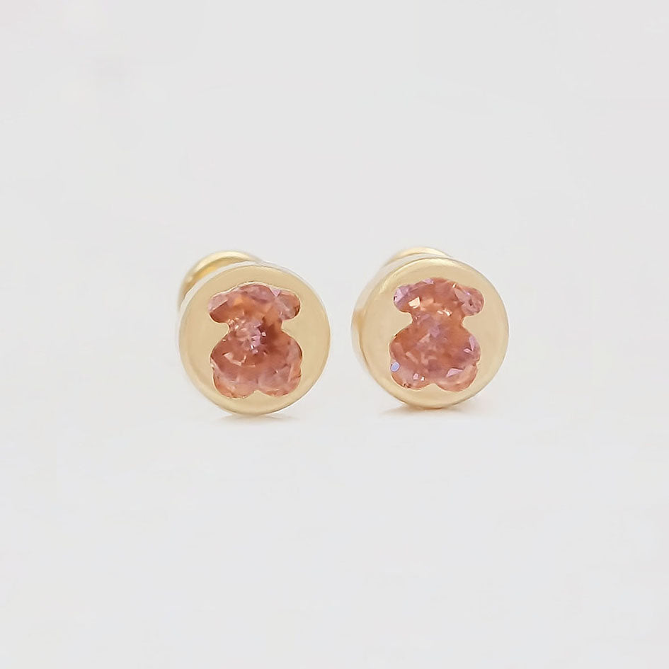 Amor Eterno - Broqueles Osito Tambor Mediano / Aretes Oro 10k / Rosa