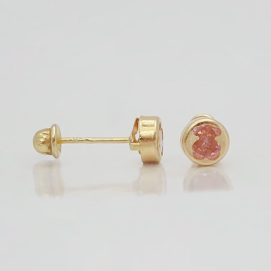 Amor Eterno - Broqueles Osito Tambor Mediano / Aretes Oro 10k / Rosa