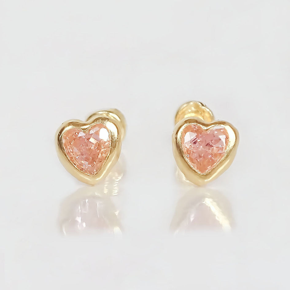 Amor Eterno - Broquel Corazón Bisel Mini Bebé Aretes Oro 10k / ROSA