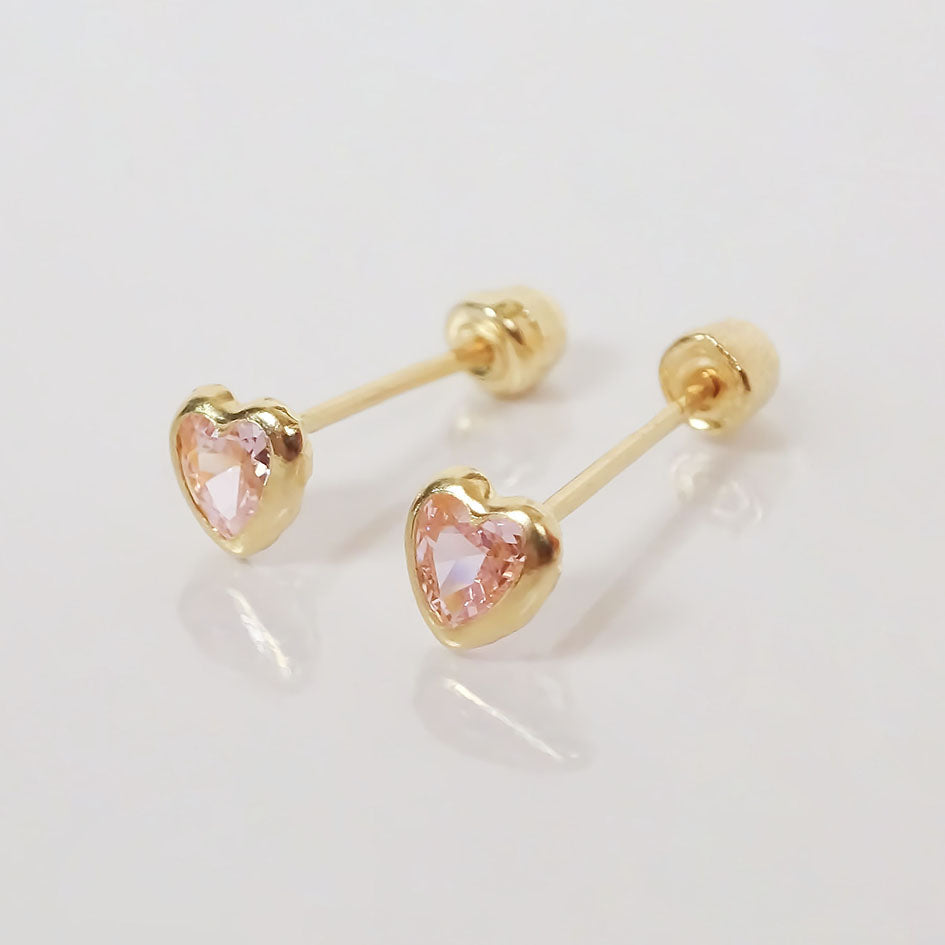 Amor Eterno - Broquel Corazón Bisel Mini Bebé Aretes Oro 10k / ROSA