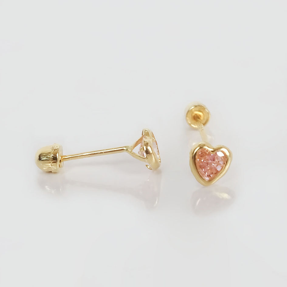 Amor Eterno - Broquel Corazón Bisel Mini Bebé Aretes Oro 10k / ROSA