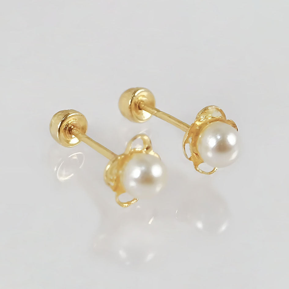 Amor Eterno - Broqueles Perla Flor Bebé / Aretes / Oro 10k