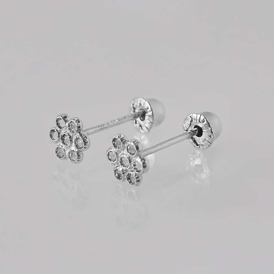 Amor Eterno - Broqueles Roseta Bebé / Aretes Oro 10k / Blanco