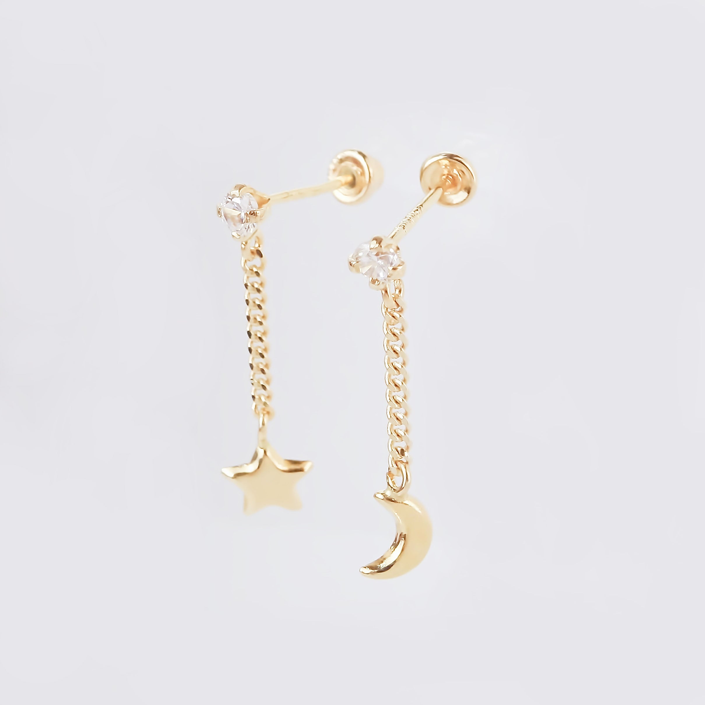 Amor Eterno- Broqueles Luna Estrella Cadena / Aretes Oro 10k