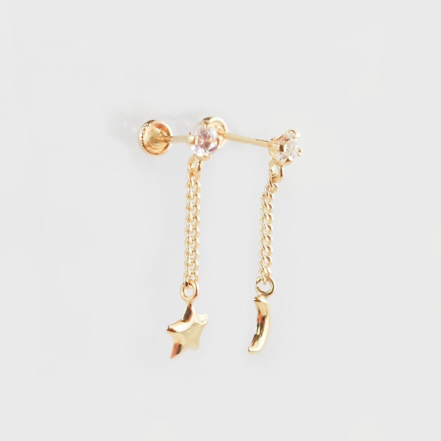 Amor Eterno- Broqueles Luna Estrella Cadena / Aretes Oro 10k