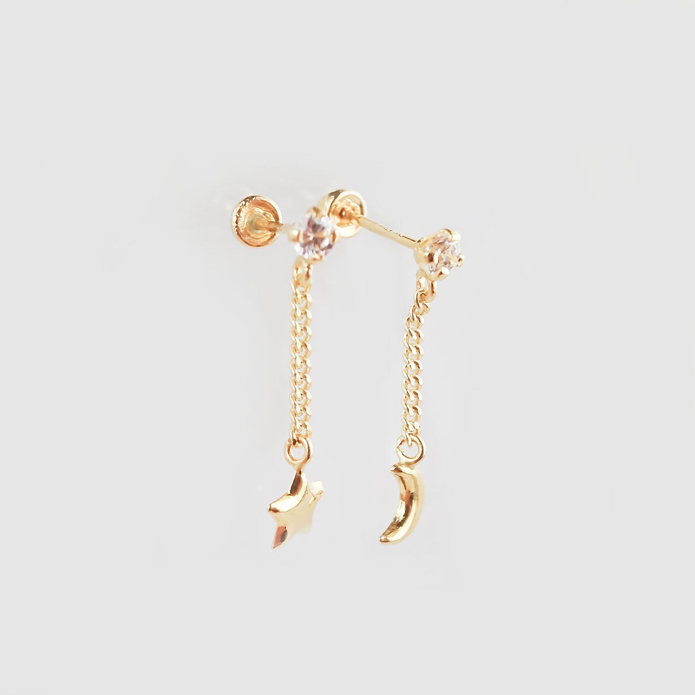Amor Eterno- Broqueles Luna Estrella Cadena / Aretes Oro 10k
