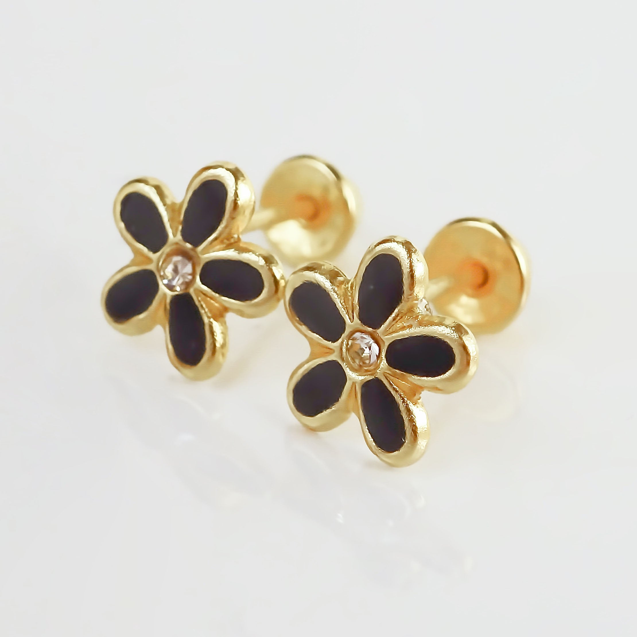 Amor Eterno - Broqueles Margarita Esmaltada / Oro Sólido 10k / NEGRO
