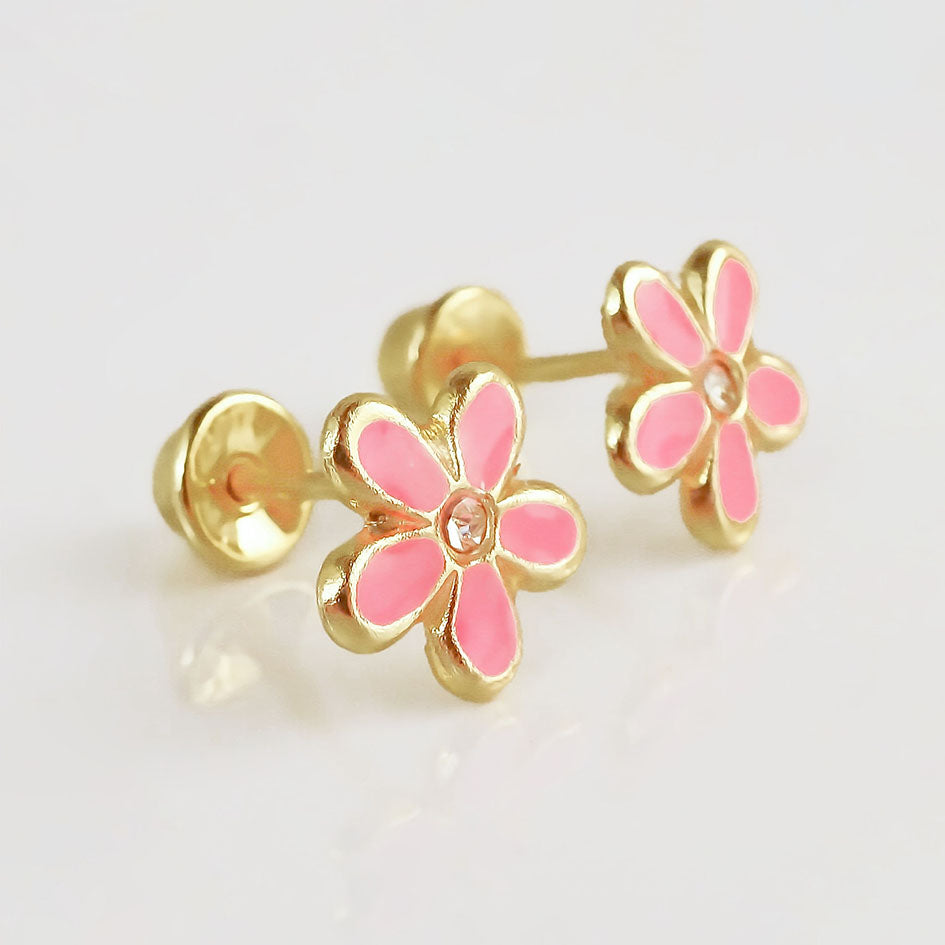 Amor Eterno - Broqueles Margarita Esmaltada / Oro Sólido 10k / ROSA