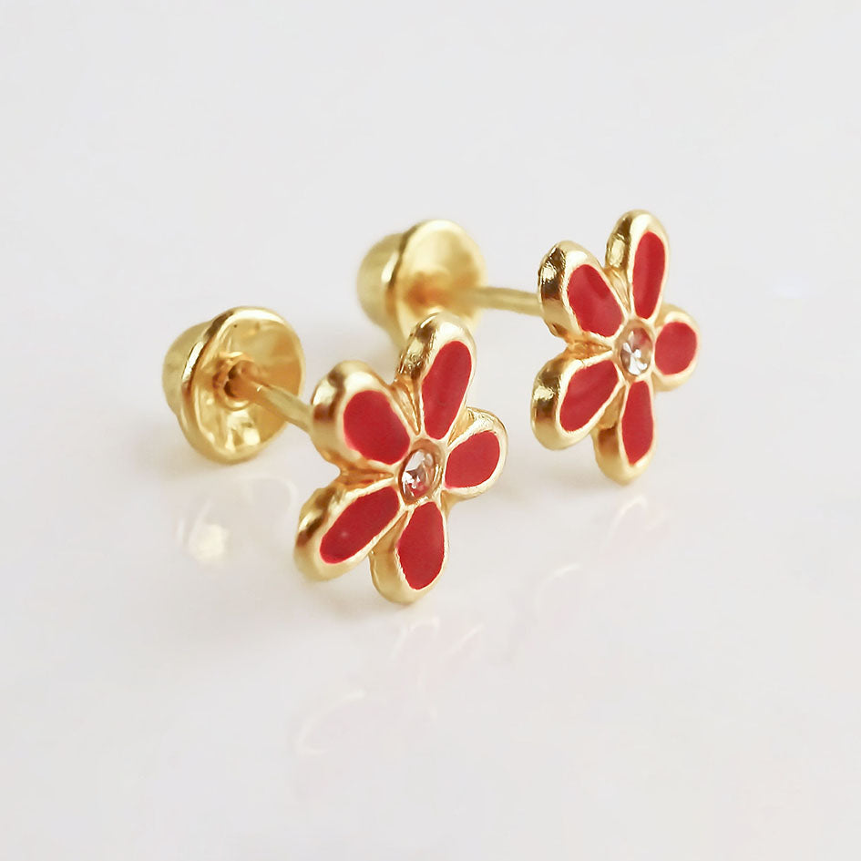 Amor Eterno - Broqueles Margarita Esmaltada / Oro Sólido 10k / ROJO