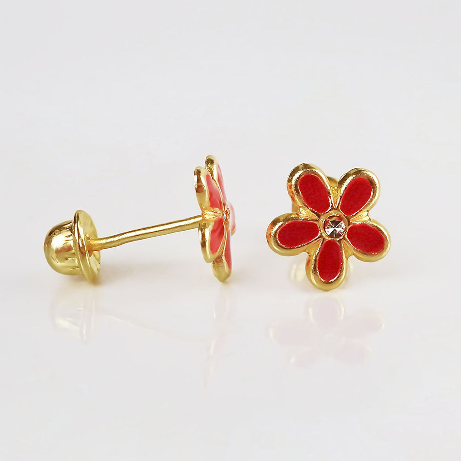 Amor Eterno - Broqueles Margarita Esmaltada / Oro Sólido 10k / ROJO