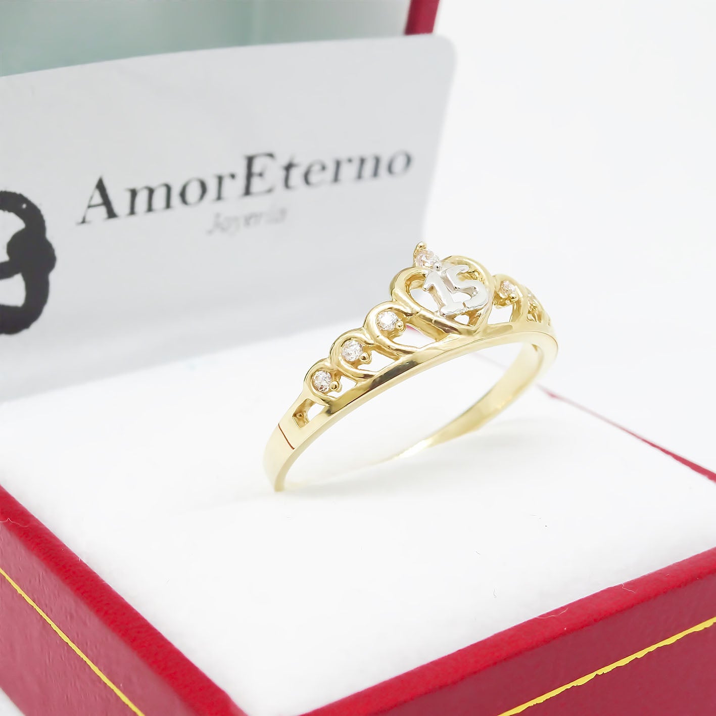 Amor Eterno - Anillo Xv Años / Corona Xv / Oro Sólido 14k