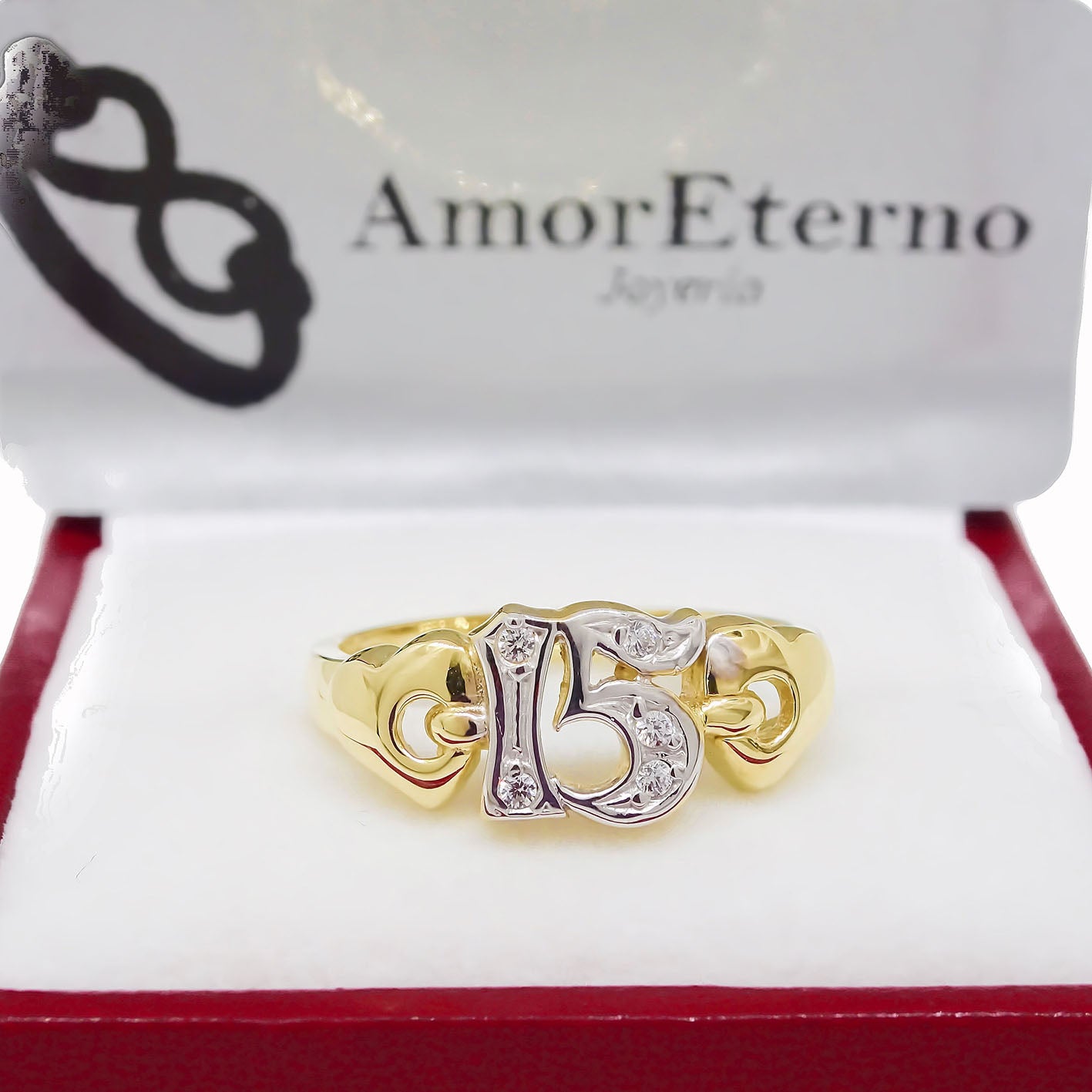 Amor Eterno - Anillo Xv Años / 2 Corazones / Oro 14k Sólido