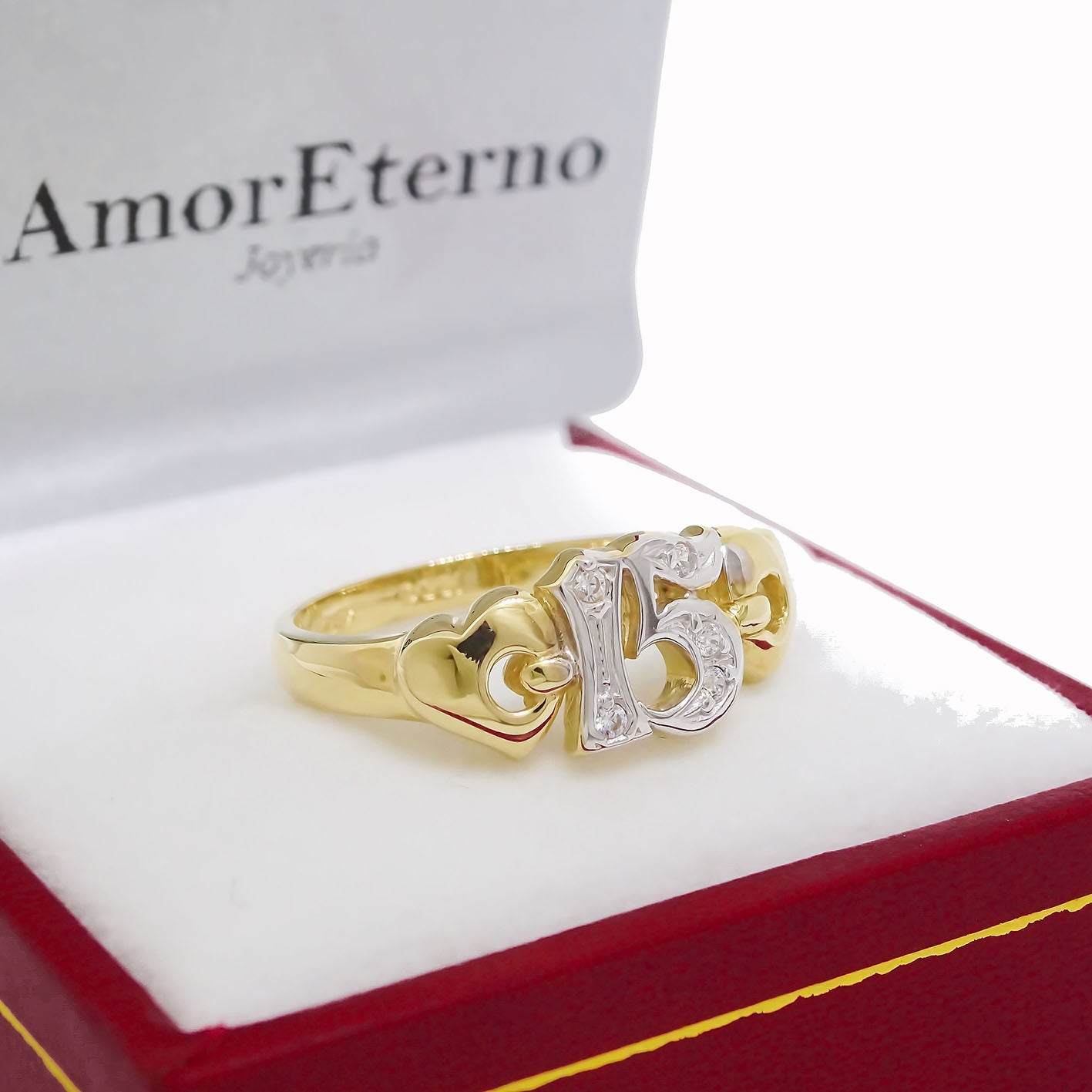 Amor Eterno - Anillo Xv Años / 2 Corazones / Oro 14k Sólido