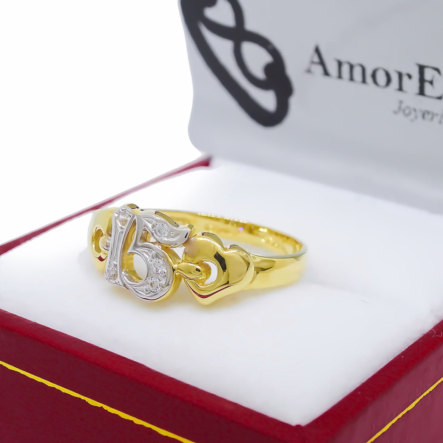 Amor Eterno - Anillo Xv Años / 2 Corazones / Oro 14k Sólido