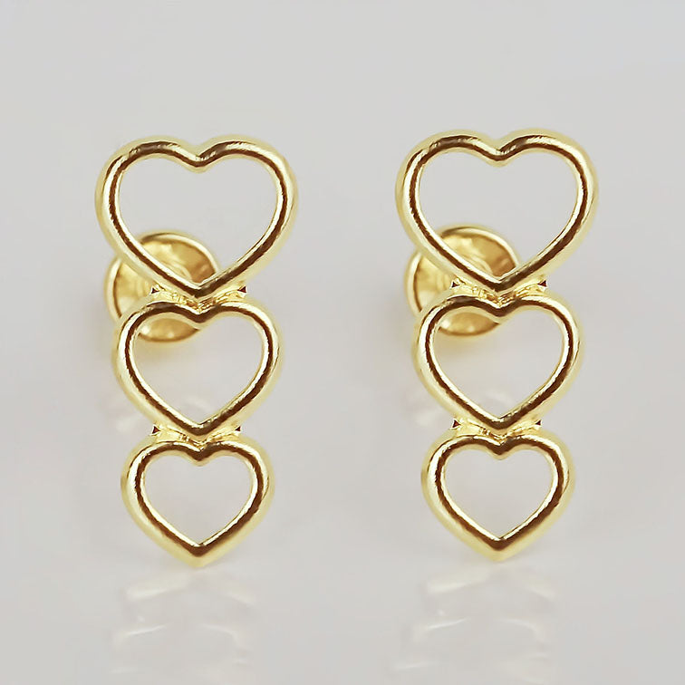 Amor Eterno - Broqueles 3 Corazones / Aretes Oro Sólido 10k