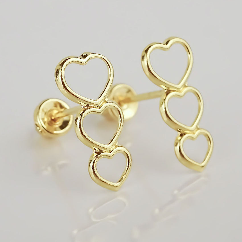 Amor Eterno - Broqueles 3 Corazones / Aretes Oro Sólido 10k